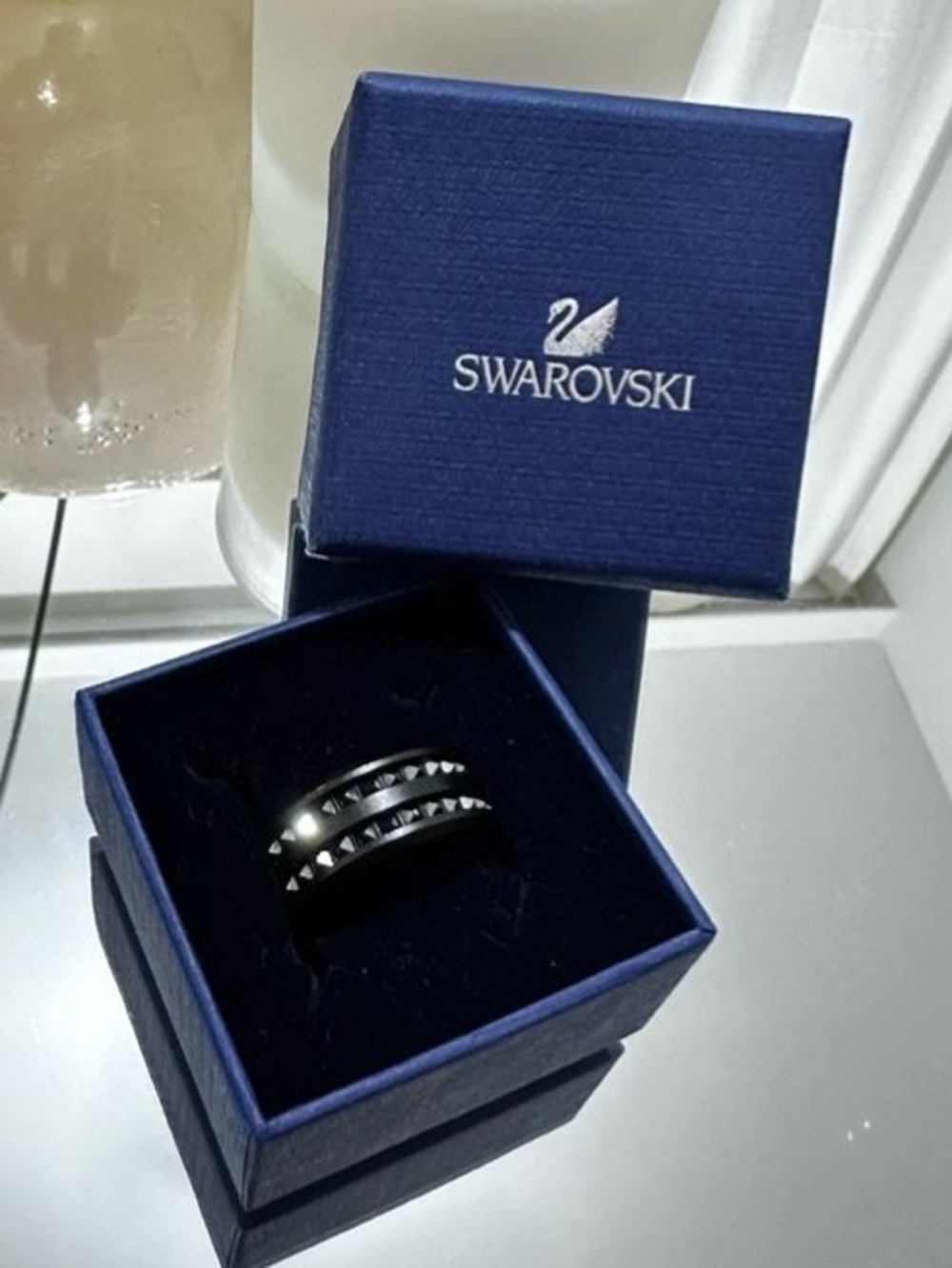 BNIB Black Swarovski men's ring with crystals